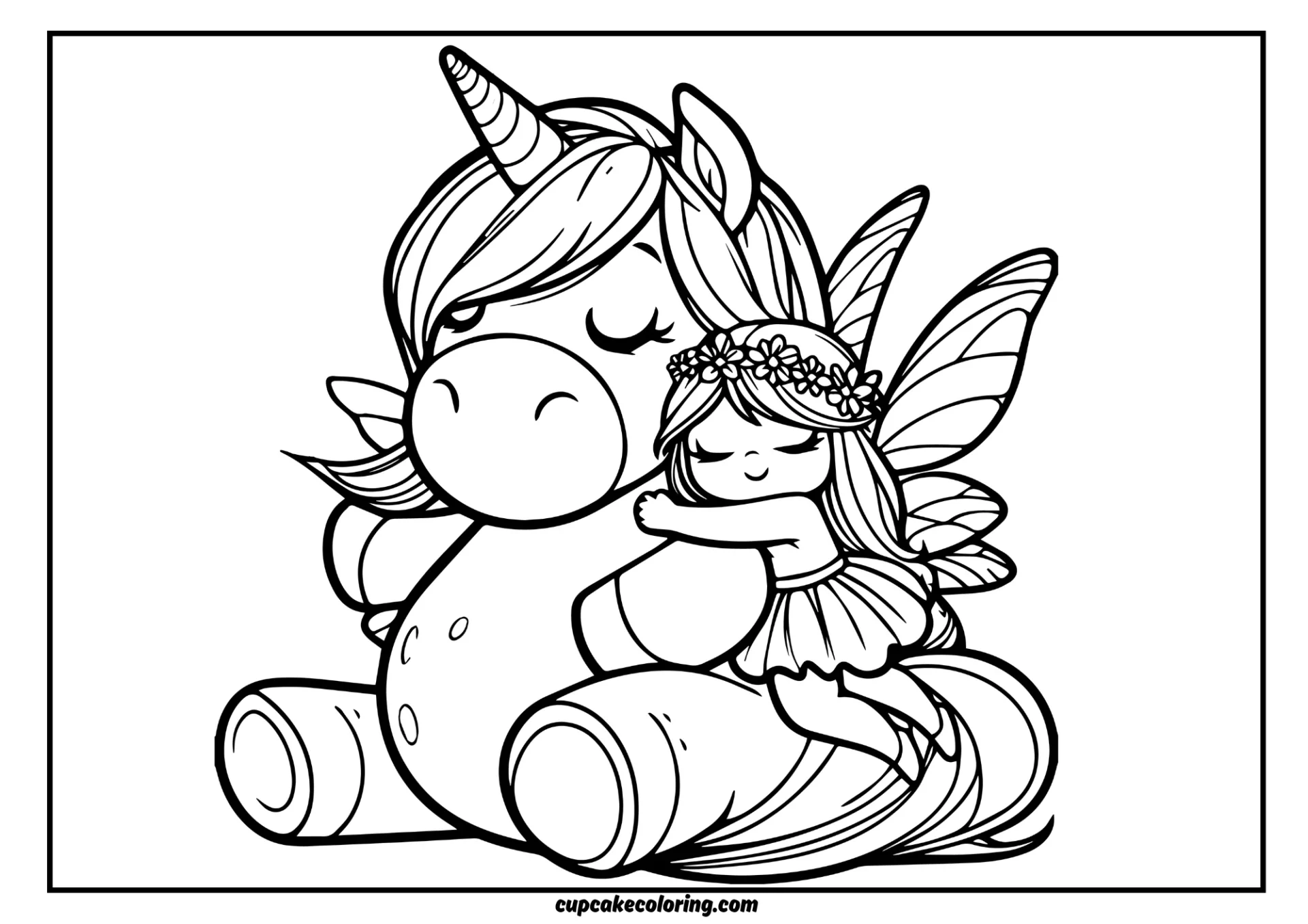 very simple coloring page of a big unicorn that hugging a cute fairy. It has big thick lines