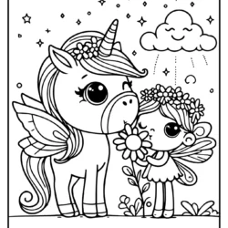 very simple coloring page of a funny cute unicorn that is looking at a fairy with wings that is sniffing a flower