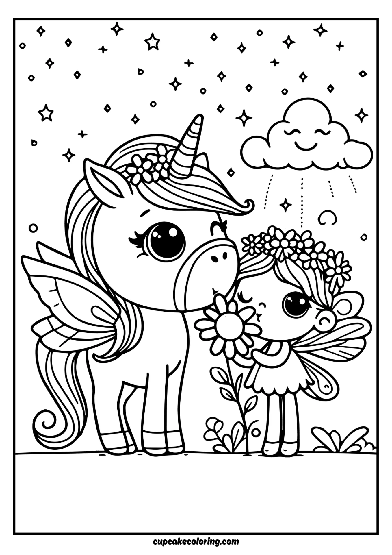 very simple coloring page of a funny cute unicorn that is looking at a fairy with wings that is sniffing a flower