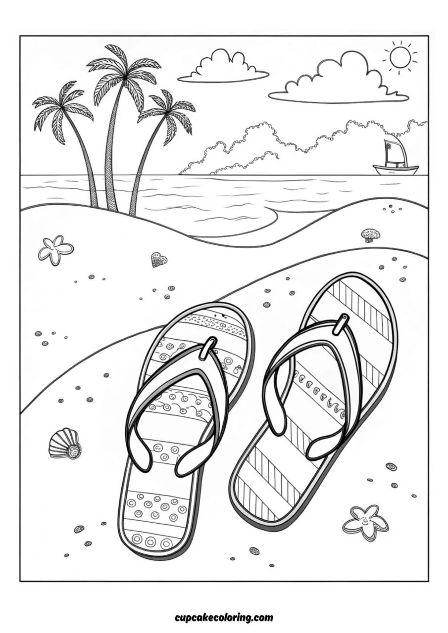 Beach coloring page with flip flops on the sand picture free