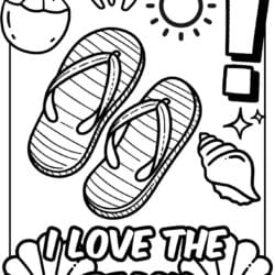 Free colorin page i love the beach with flip flops, shells, coconut drink