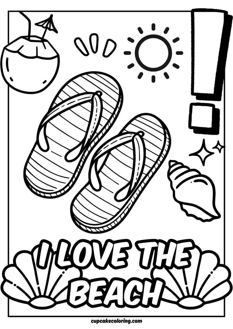 Free colorin page i love the beach with flip flops, shells, coconut drink