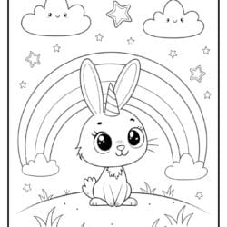 coloring pic or a bunny with unicorn horn and rainbow