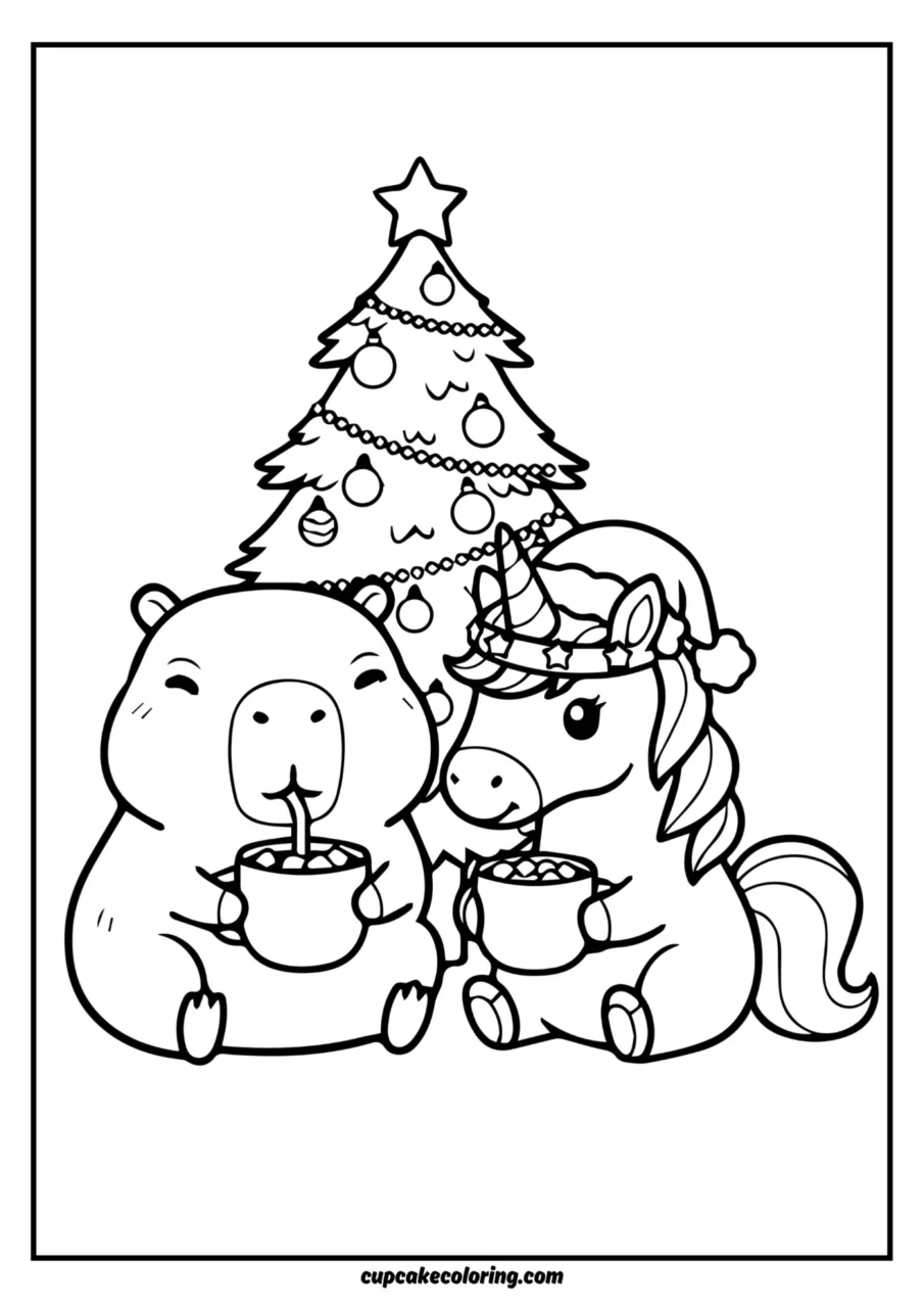 Christmast Capybara and unicor colorin page