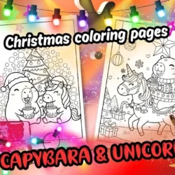 Christmast coloring pages capybara and unicorn