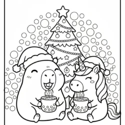 Christmast coloring picture with capybara and unicorn drinking hot chocolate