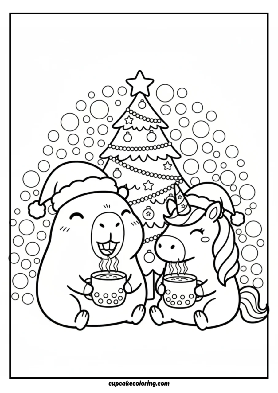Christmast coloring picture with capybara and unicorn drinking hot chocolate