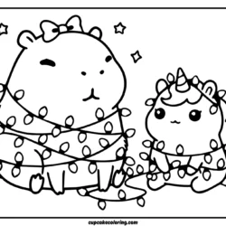 Coloring page kawaii capybara tangled in Christmas lights while a tiny chubby unicorn tries to help but ends up getting wrapped in the lights too.jpg
