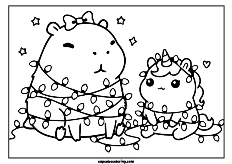 Coloring page kawaii capybara tangled in Christmas lights while a tiny chubby unicorn tries to help but ends up getting wrapped in the lights too.jpg