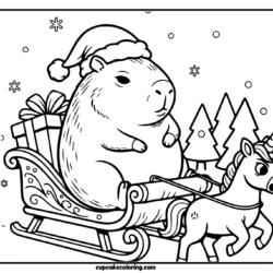 Festive black-and-white line art of a funny capybara dressed in a cozy Christmas sweater riding on the back of a cheerful unicorn wearing jingle bells