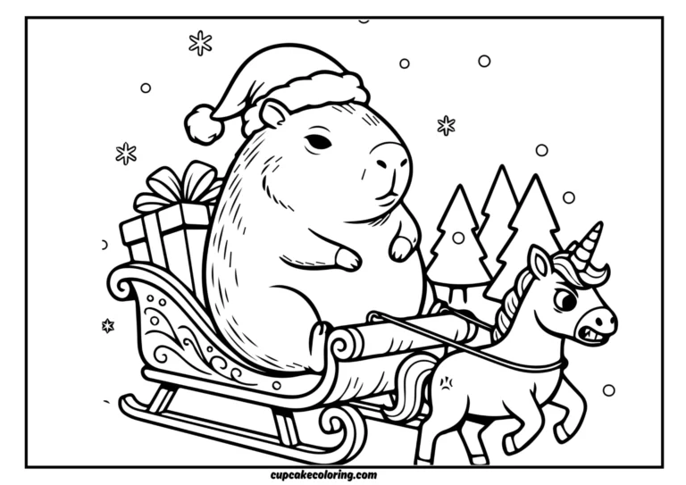 Festive black-and-white line art of a funny capybara dressed in a cozy Christmas sweater riding on the back of a cheerful unicorn wearing jingle bells