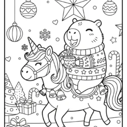 Festive christmast coloring page capybara dressed in a cozy Christmas sweater riding on the back of a cheerful unicorn