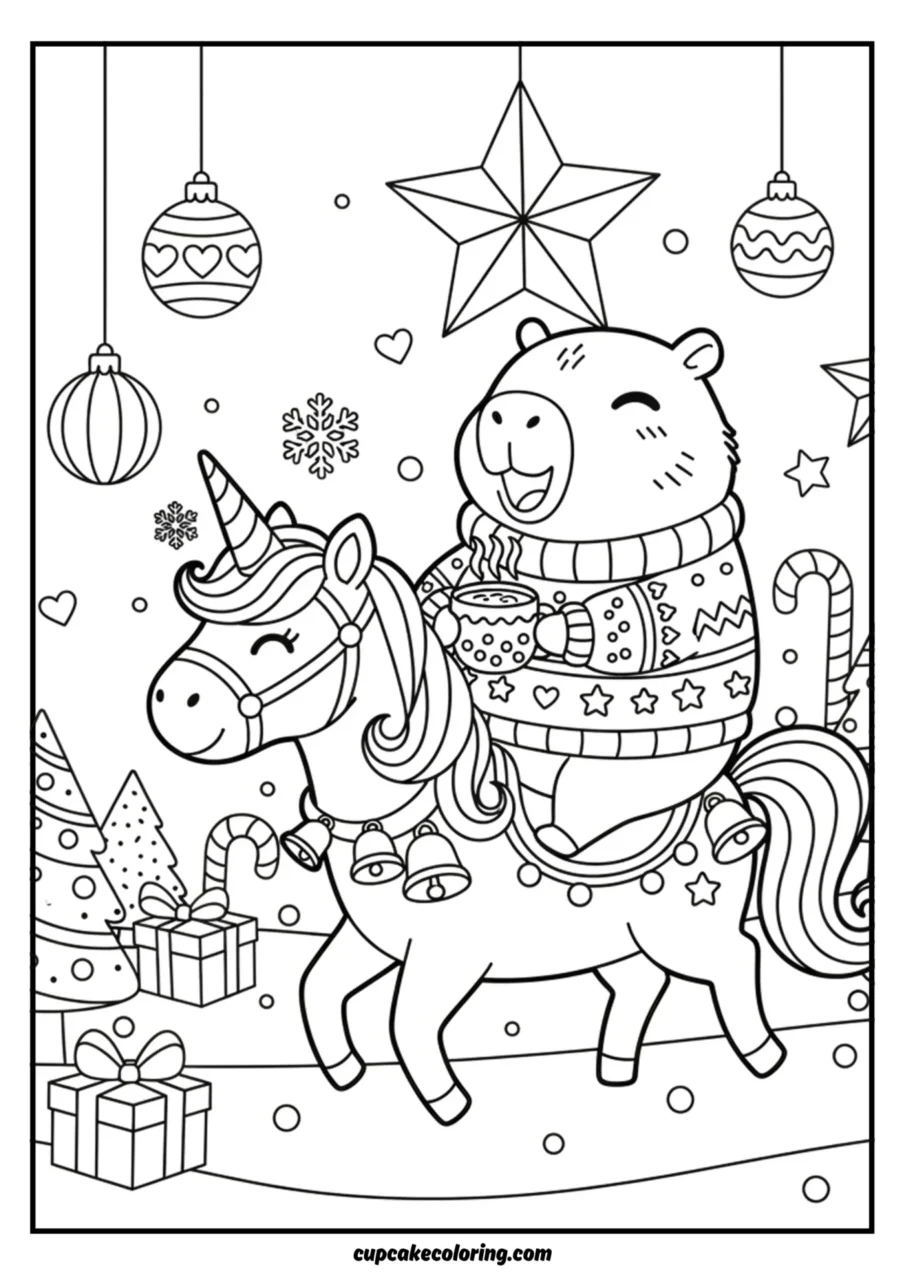 Festive christmast coloring page capybara dressed in a cozy Christmas sweater riding on the back of a cheerful unicorn