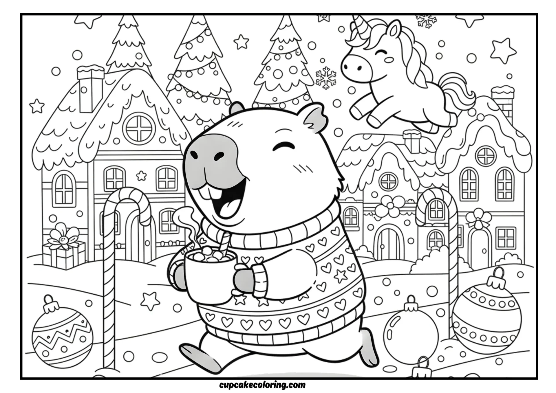Coloring page Happy capybara walking in winter days in a street