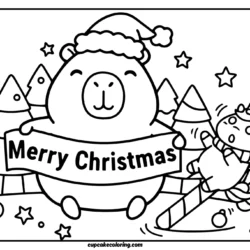 Merry chistmast capybara and funny unicorn coloring page
