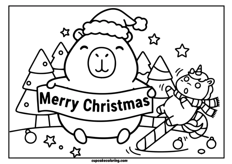 Merry chistmast capybara and funny unicorn coloring page