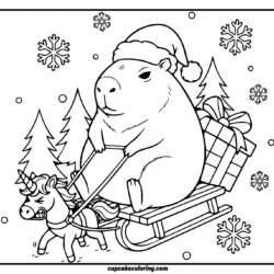 coloring page chubby capybara wearing a Santa hat sitting on a sled, while a tiny unicorn tries (and struggles) to pull the sled