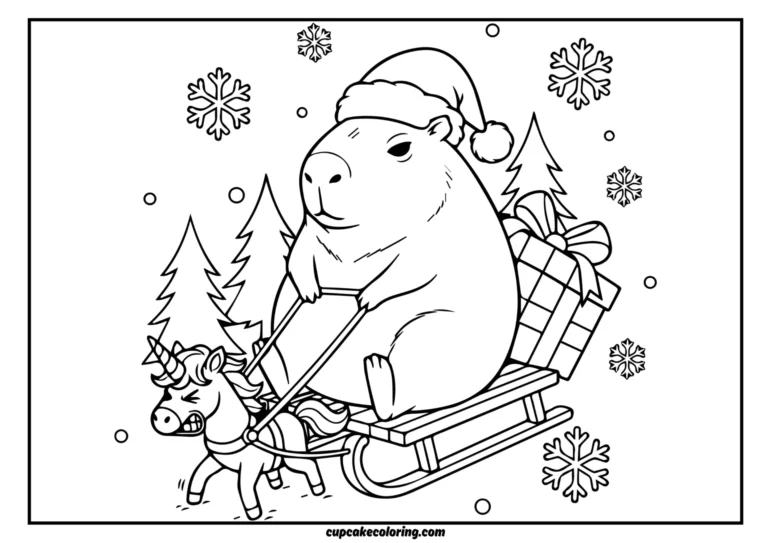 coloring page chubby capybara wearing a Santa hat sitting on a sled, while a tiny unicorn tries (and struggles) to pull the sled