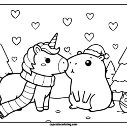coloring page kawaii unicorn giving a shy little kiss on the cheek of a chubby capybara wearing a tiny Santa hat.