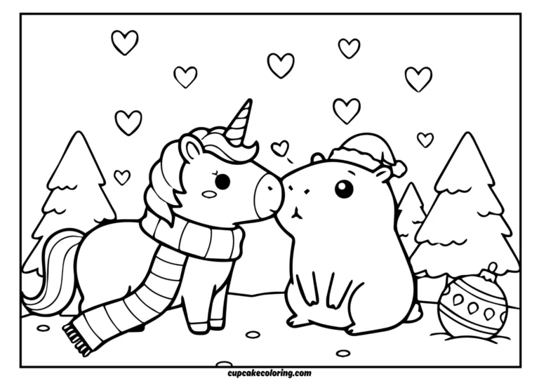 coloring page kawaii unicorn giving a shy little kiss on the cheek of a chubby capybara wearing a tiny Santa hat.