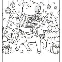 funny capybara dressed in a cozy Christmas sweater riding on the back of a cheerful unicorn wearing jingle bells