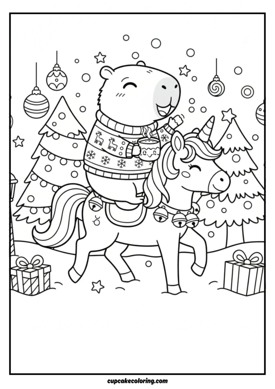 funny capybara dressed in a cozy Christmas sweater riding on the back of a cheerful unicorn coloring page wearing jingle bells