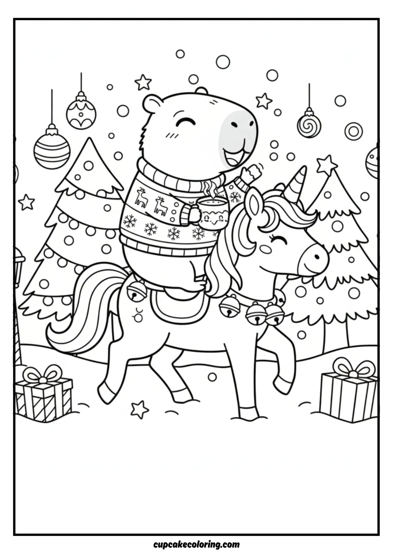 funny capybara dressed in a cozy Christmas sweater riding on the back of a cheerful unicorn wearing jingle bells