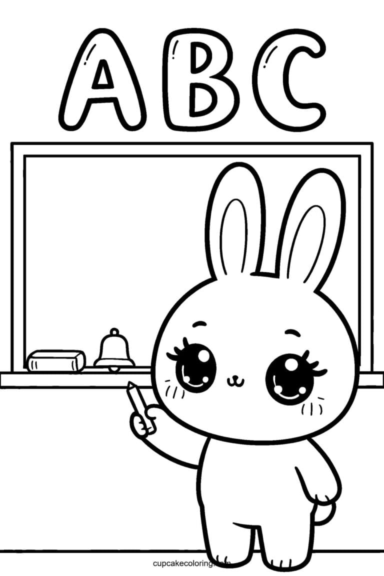 Kawaii bunny coloring page for kids: A B C - free printable bunny coloring page