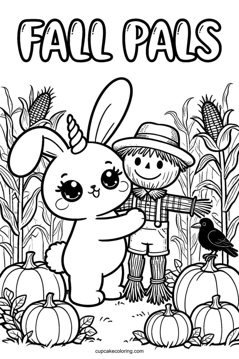 Kawaii bunnycorn coloring page for kids: Fall Pals - free printable bunny unicorn coloring page