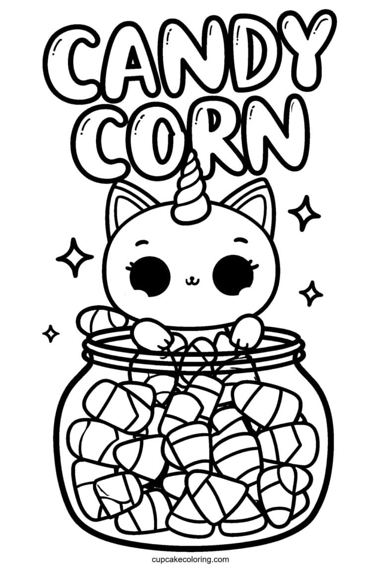 Kawaii caticorn coloring page for kids: Candy Corn - free printable candy corn coloring page