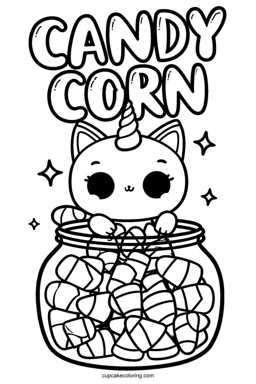 Caticorn Candy Corn Jar Coloring Page – Free Printable