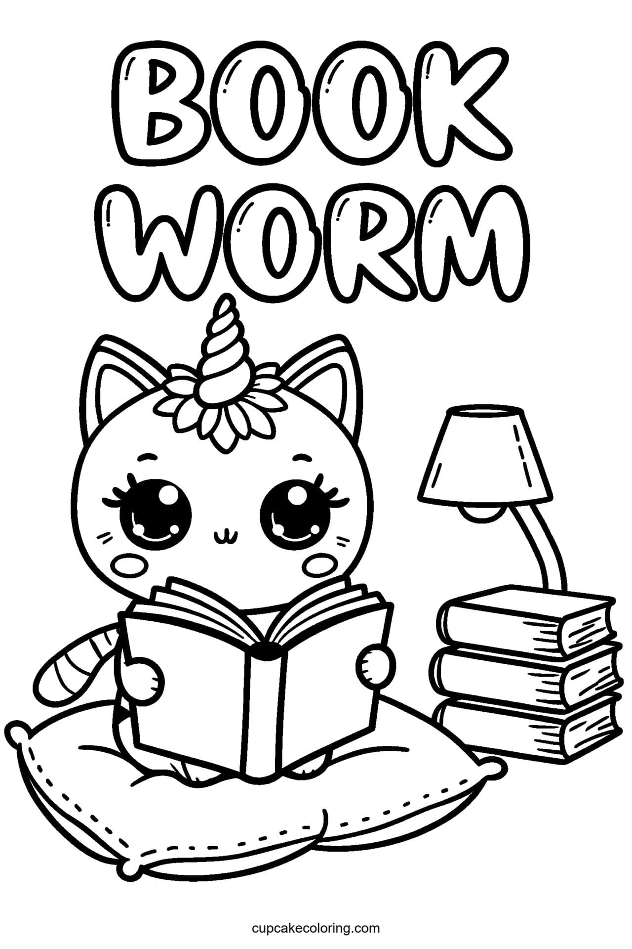 Kawaii caticorn coloring page for kids: Book Worm - free printable unicorn cat coloring page