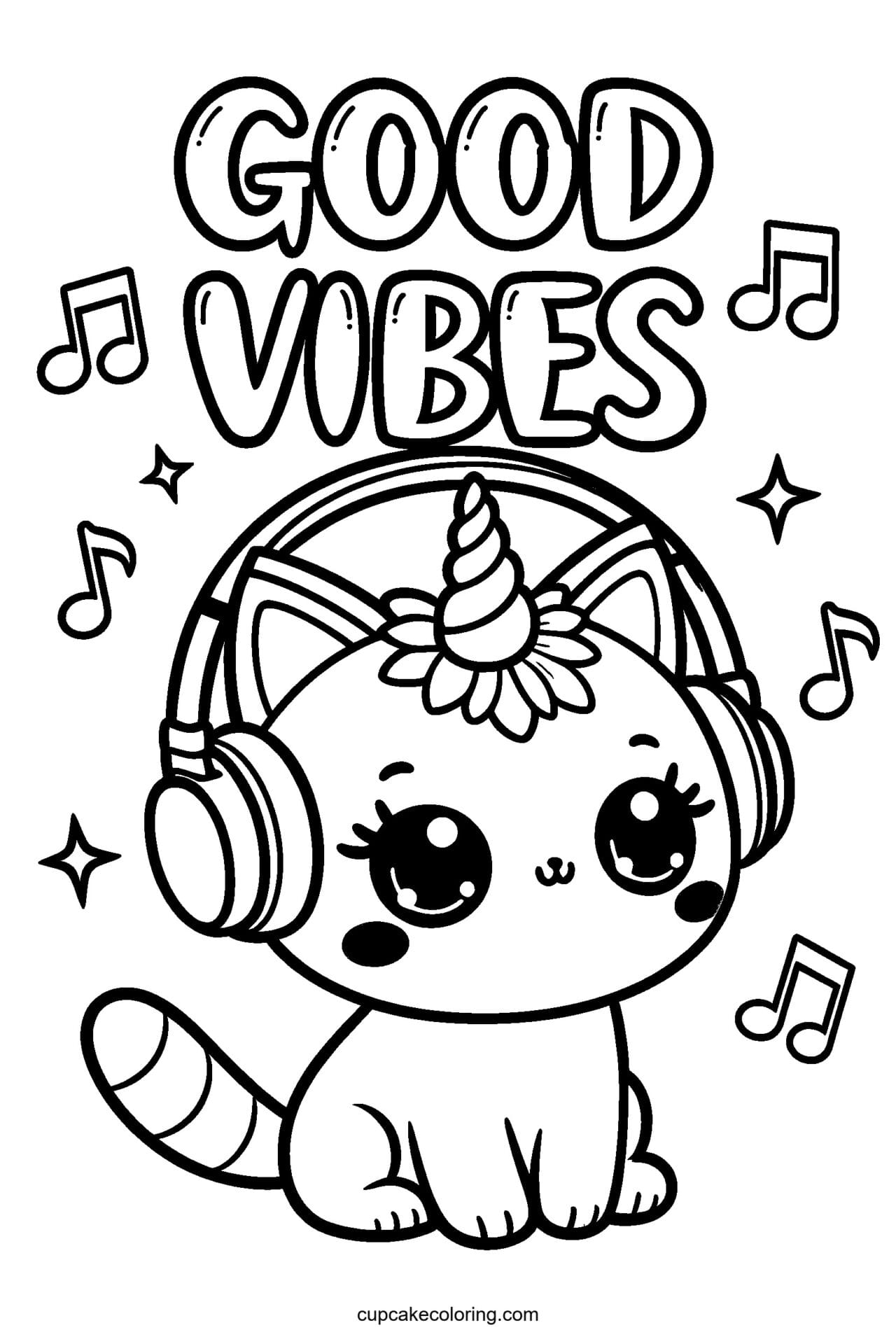 Kawaii caticorn coloring page for kids: Good Vibes - free printable caticorn coloring page
