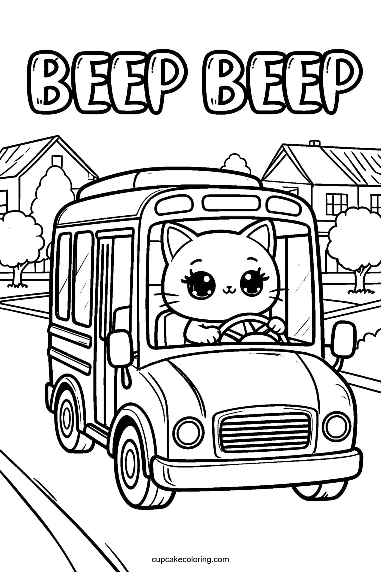 Kawaii kitten coloring page for kids: Beep Beep - free printable kitten coloring page
