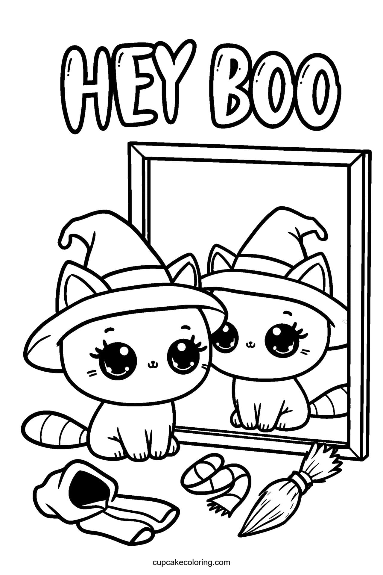 Kitten Witch Hat Try-On Coloring Page – Free Printable