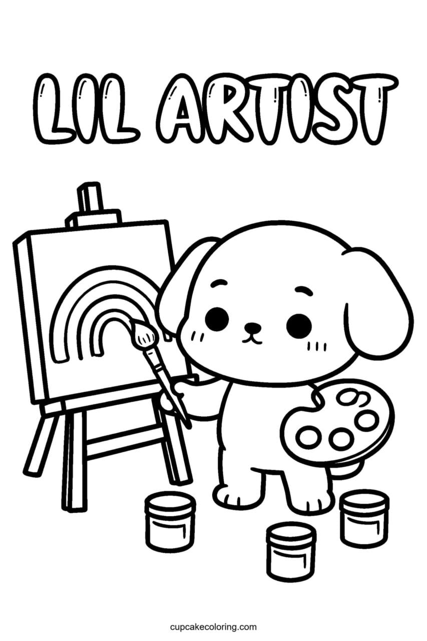 Kawaii puppy coloring page for kids: Lil Artist - free printable puppy coloring page
