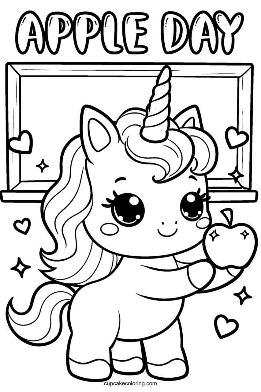 Kawaii unicorn coloring page for kids: Apple Day - free printable apple coloring page