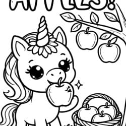 Unicorn Apple Picking Coloring Page – Free Printable