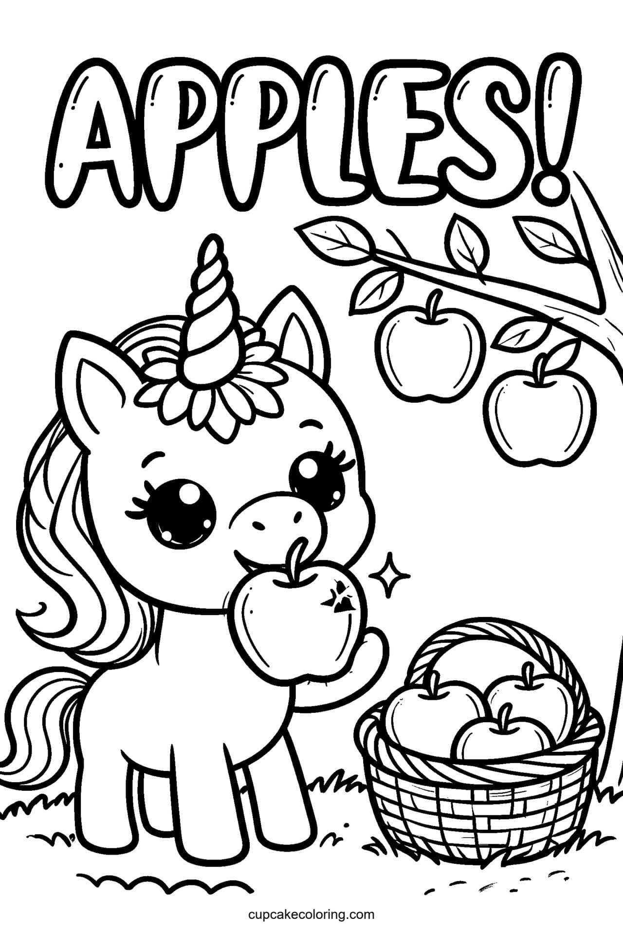 Unicorn Apple Picking Coloring Page – Free Printable