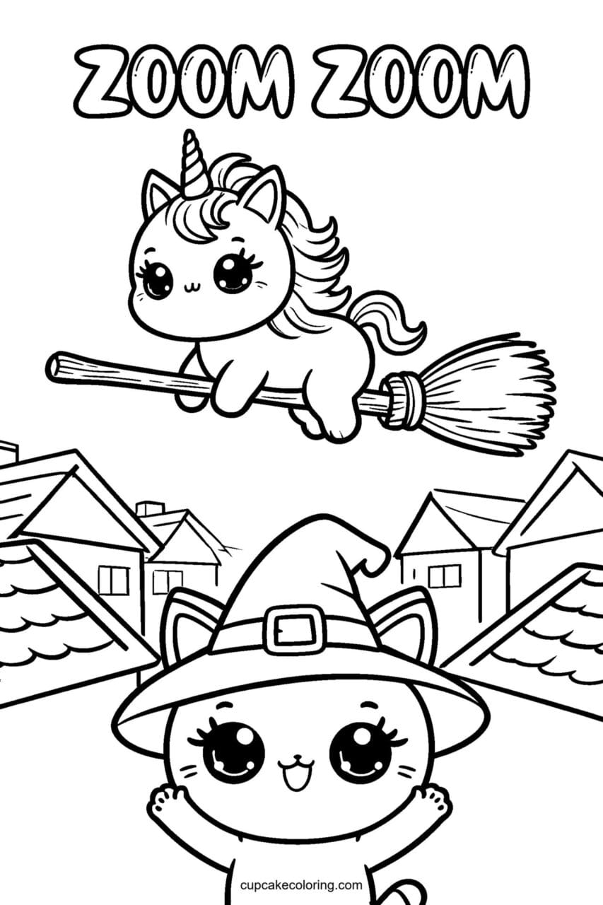 Unicorn Broom Flight Lesson Coloring Page – Free Printable
