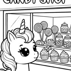 Unicorn Candy Shop Window Coloring Page – Free Printable