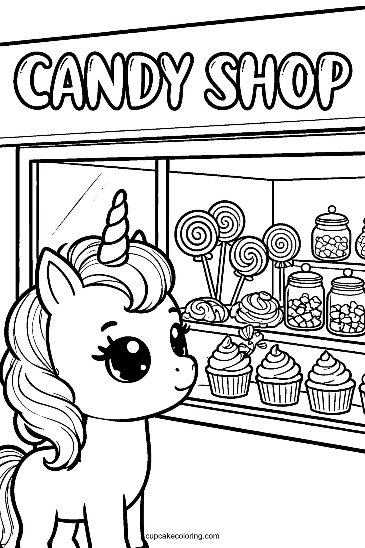 Unicorn Candy Shop Window Coloring Page – Free Printable