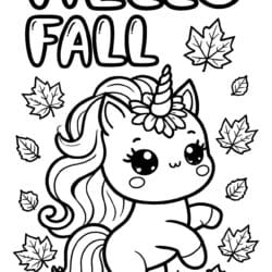 Unicorn Leaf Pile Jump Coloring Page – Free Printable