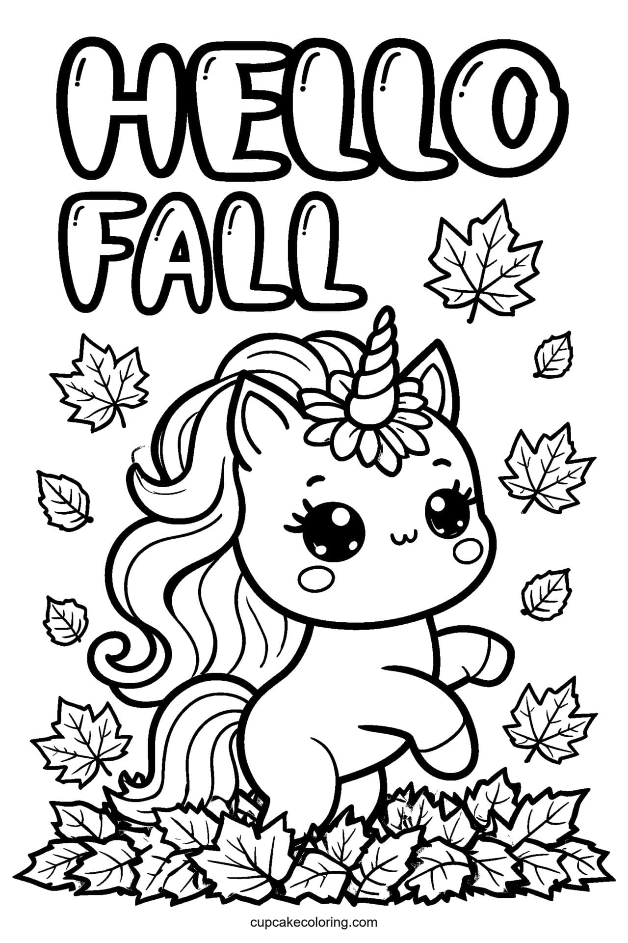 Kawaii unicorn coloring page for kids: Hello Fall - free printable fall coloring page