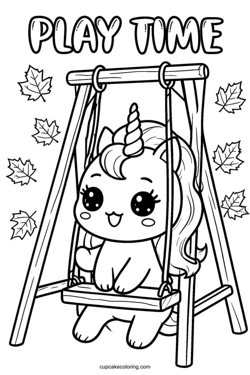 Kawaii unicorn coloring page for kids: Play Time - free printable cute unicorn coloring page