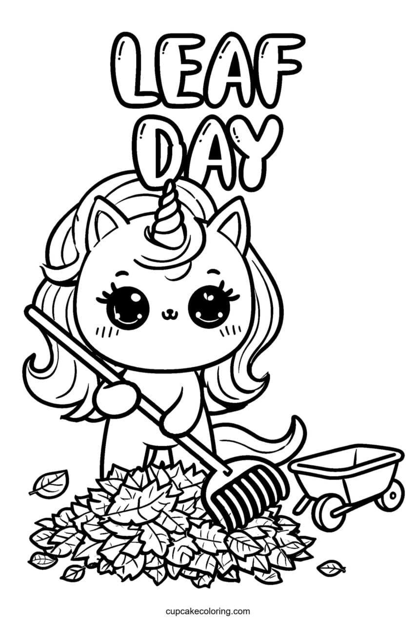 Unicorn Raking Leaves Coloring Page – Free Printable