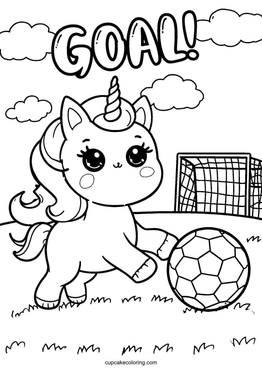 Kawaii unicorn coloring page for kids: Goal! - free printable rainbow unicorn coloring page